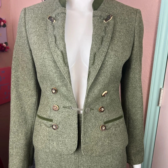 Vintage Lodenfrey Green German Austria Wool Cropped Military Jacket & Skirt Suit - Picture 4 of 16